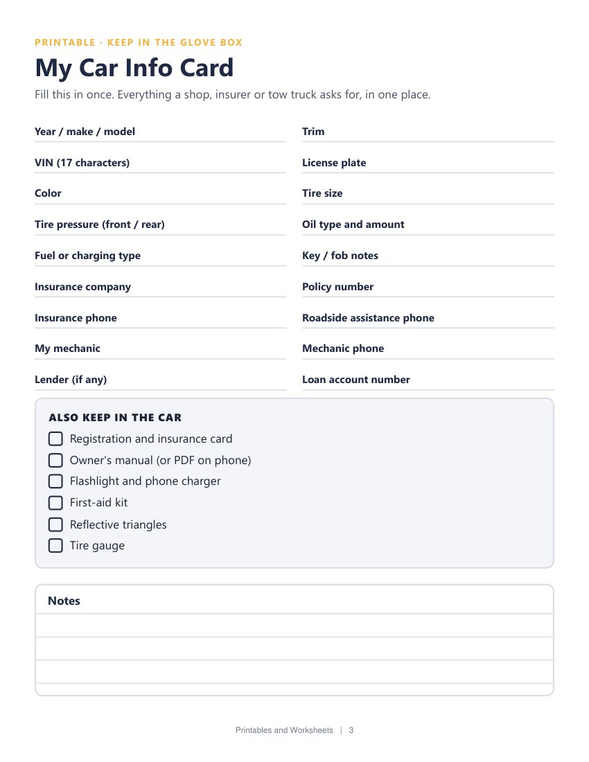 Sample page: My car info card